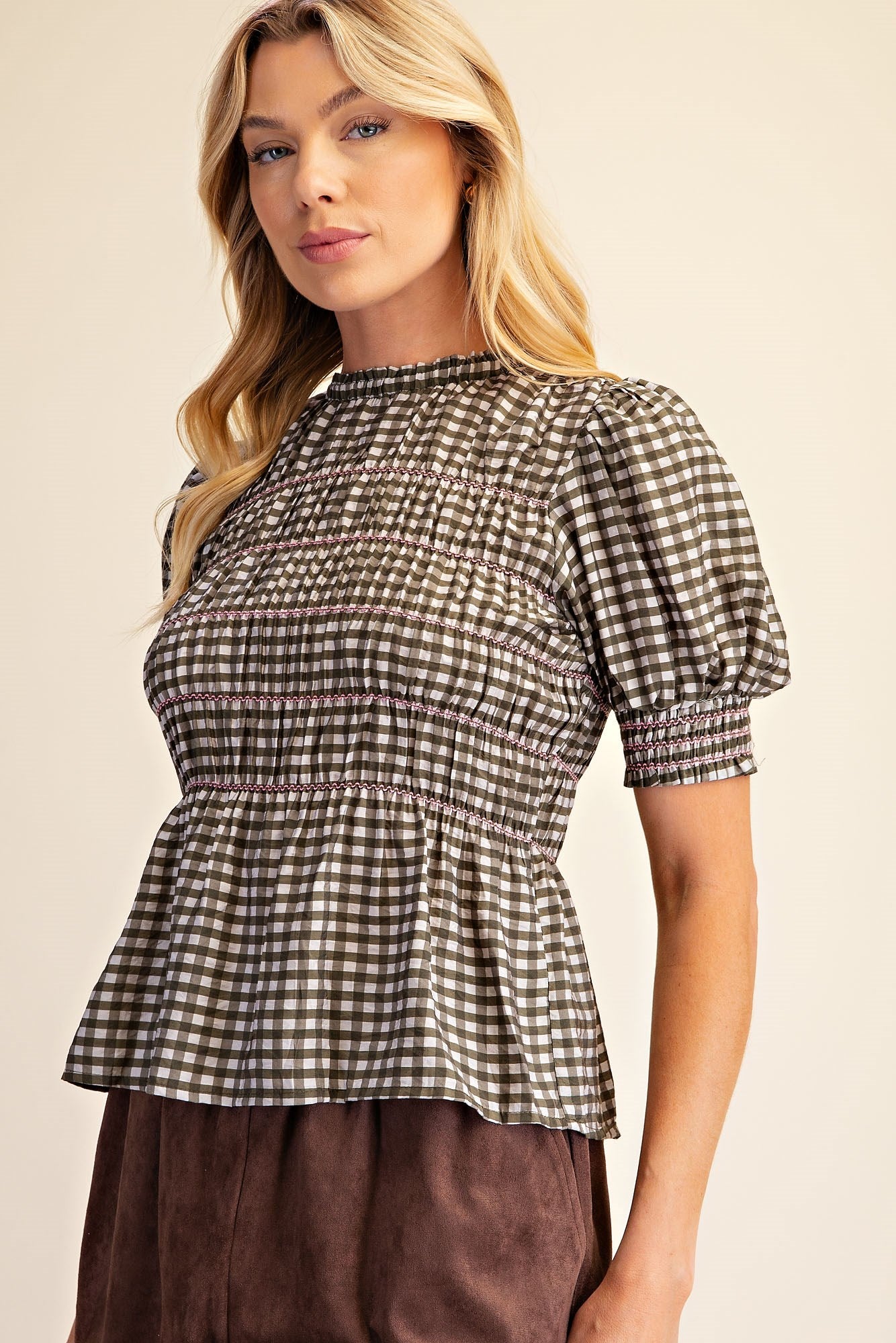 T9306 Plaid Smocked Puff Sleeve Top