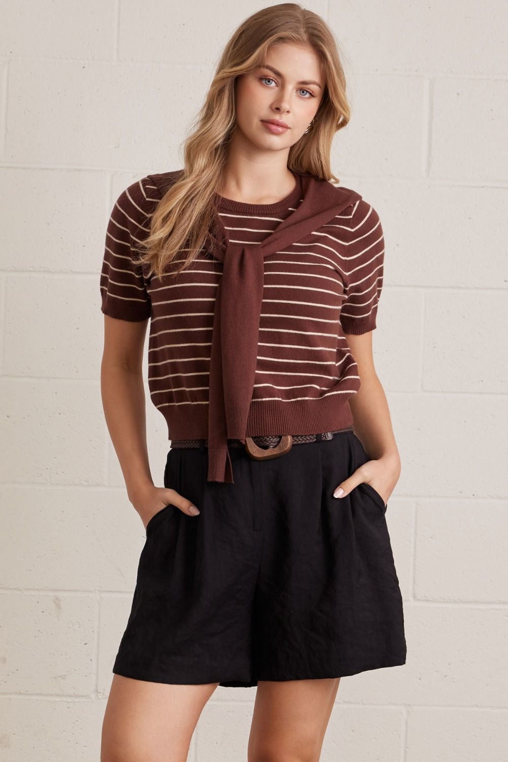T31923 Scarf Detail Striped Short Sleeve Top