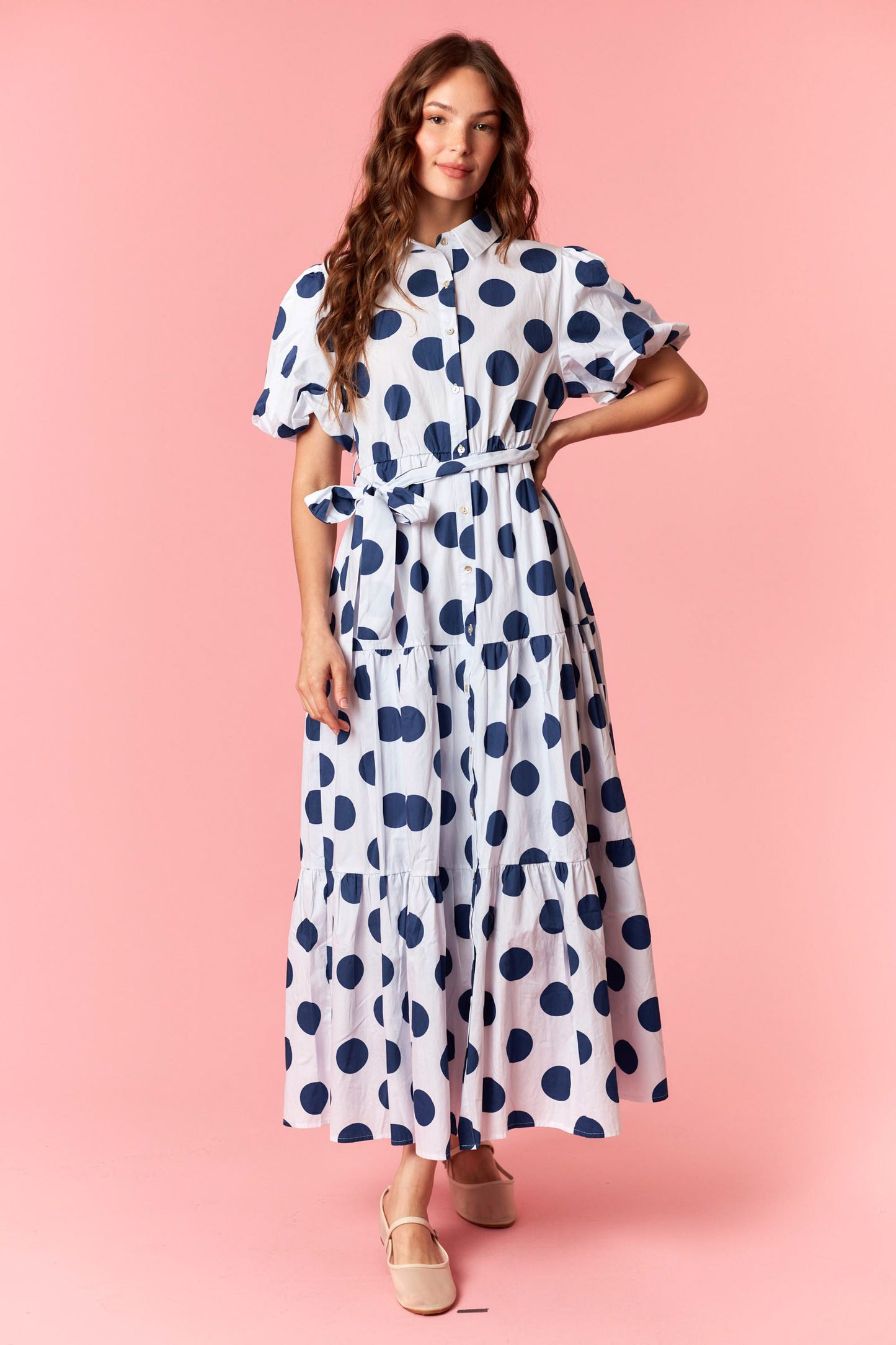ID38916-14 Polka Dot Maxi Dress Navy/Off White / Large