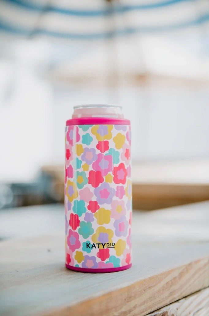 Groovy Multicolored Flowers Slim Can Cooler