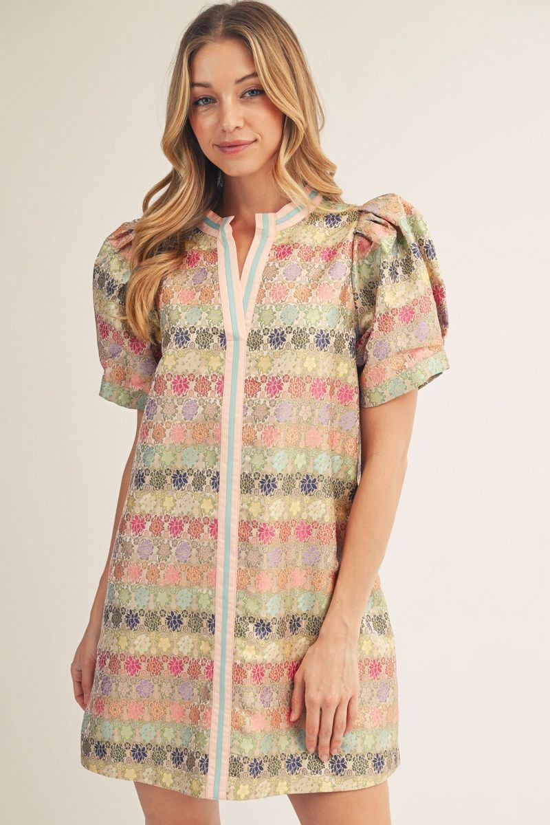 J7013 Floral Jacquard Dress