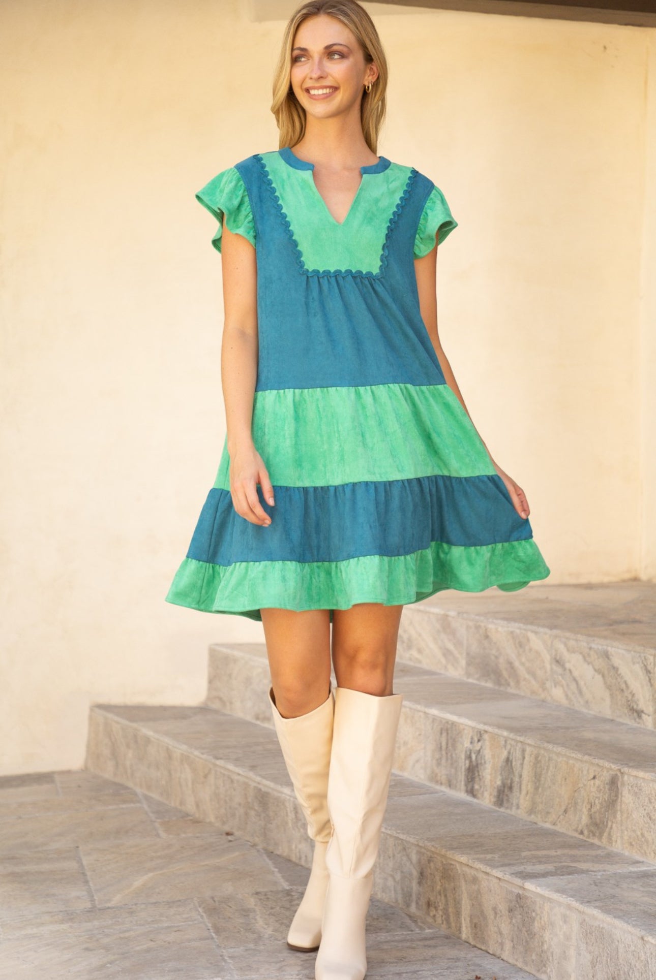 33251 Wavy Trim Colorblock Tiered Dress