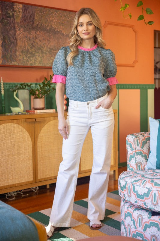 36278 Contrast Ruffled Neck and Sleeve Top