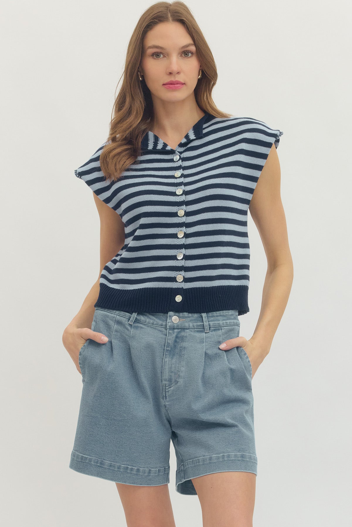 T30331 Stripe Button Up Sweater Top