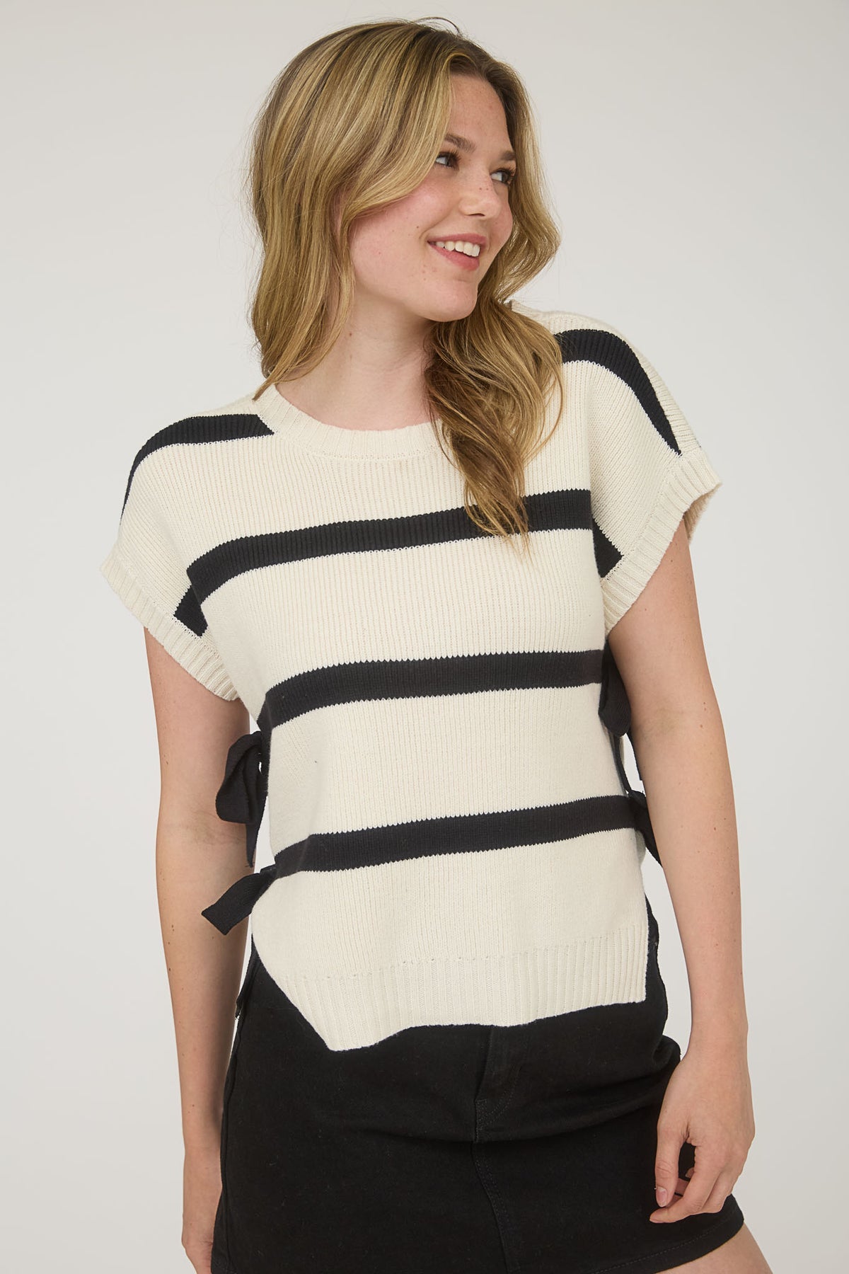 CR2704 Stripe Side Tie Short Sleeve Sweater