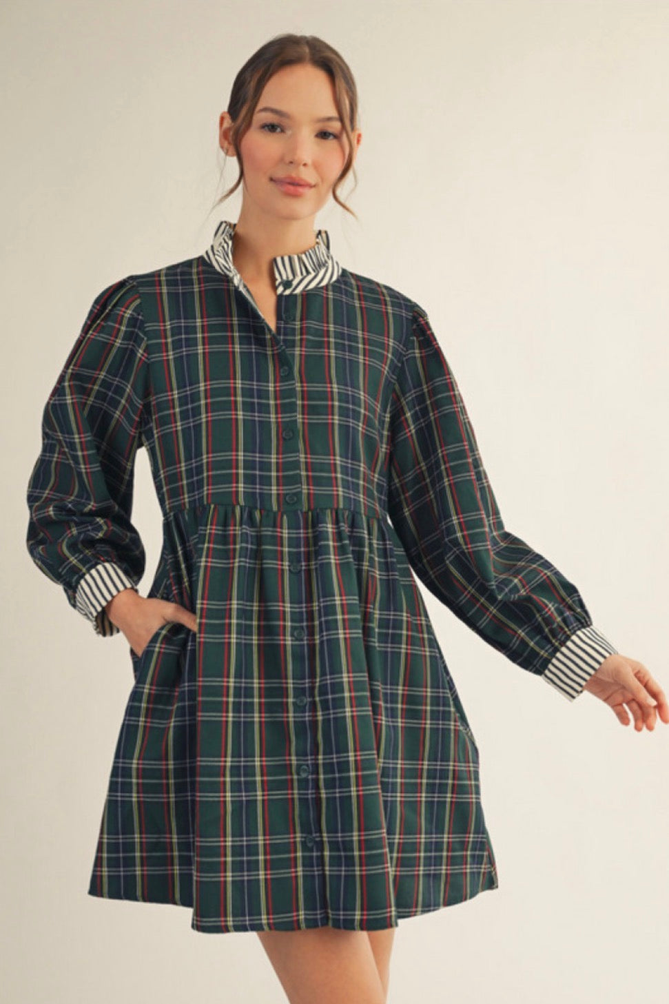 G14790 Long Sleeve Plaid Dress
