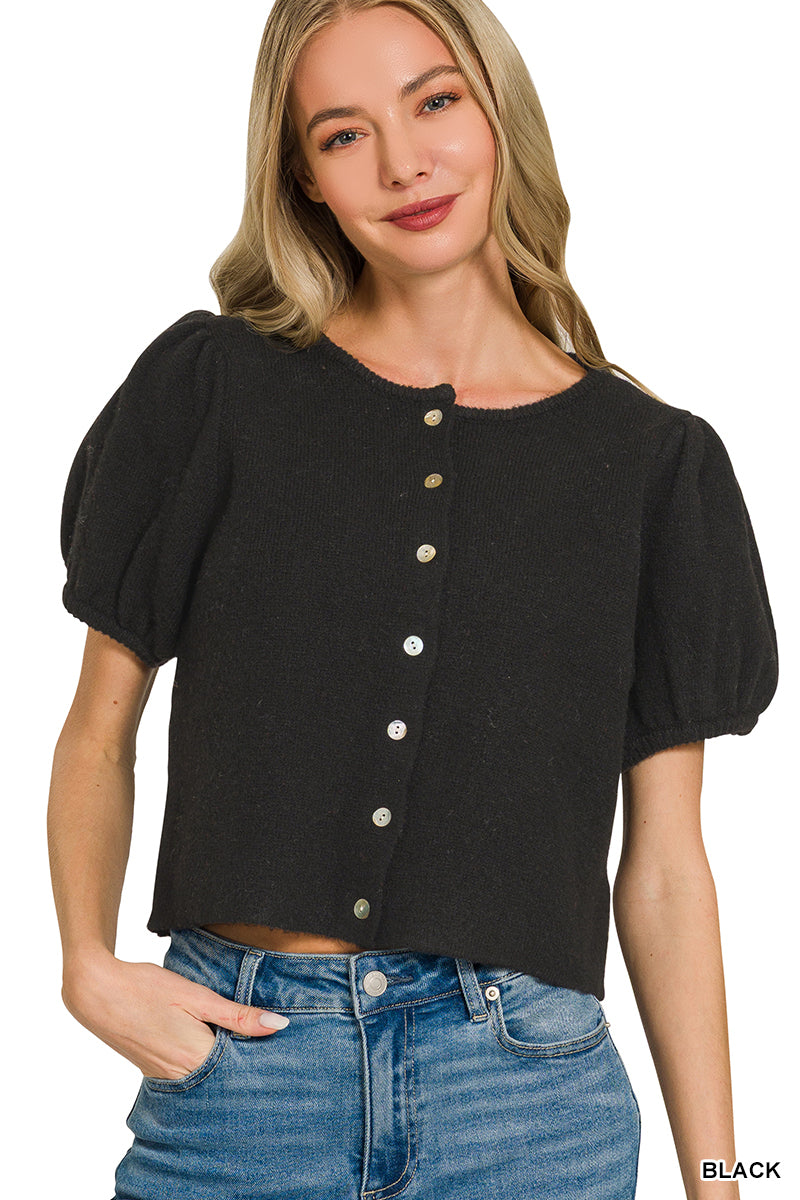 TW-2728Y Puff Sleeve Cardigan Sweater Top
