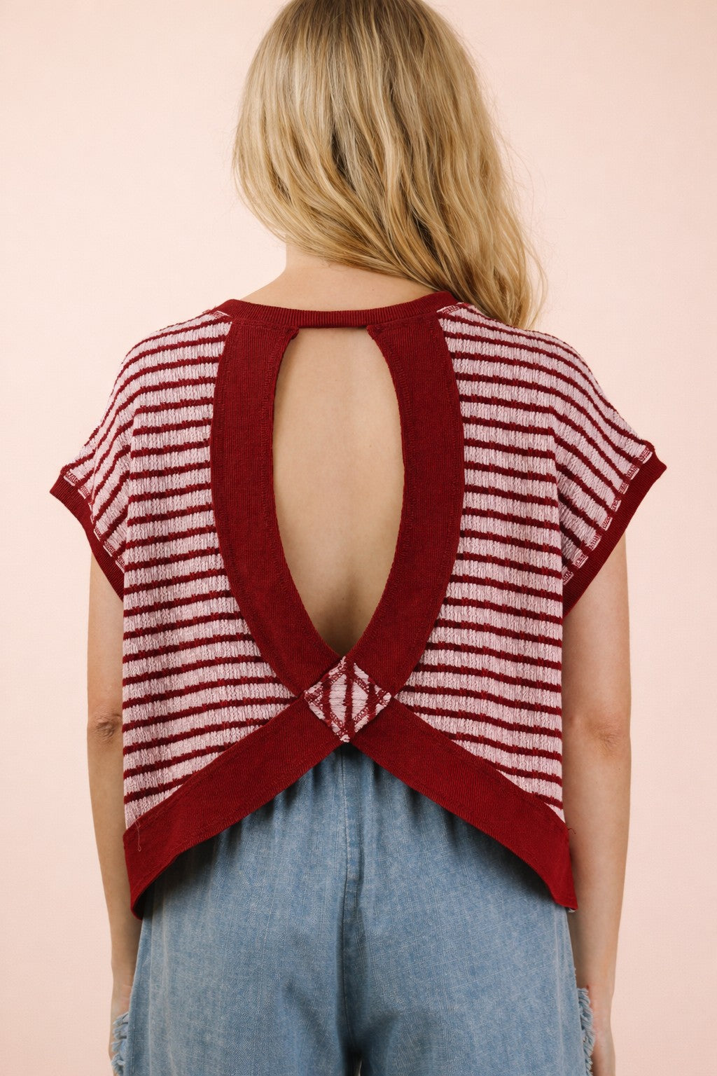 NT12605 Open Back Striped Textured Top