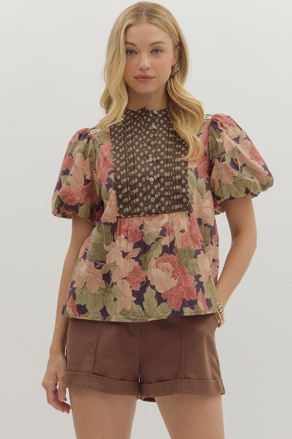 T28196 Floral Pattern Bubble Sleeve Top