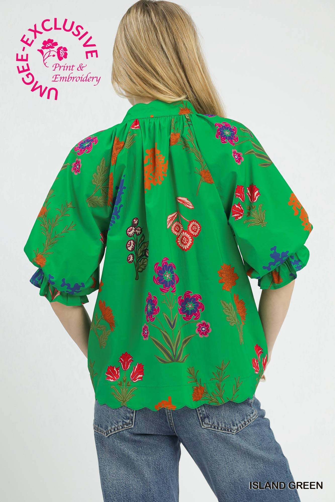 C5846 Floral Print Scallop Hem Top