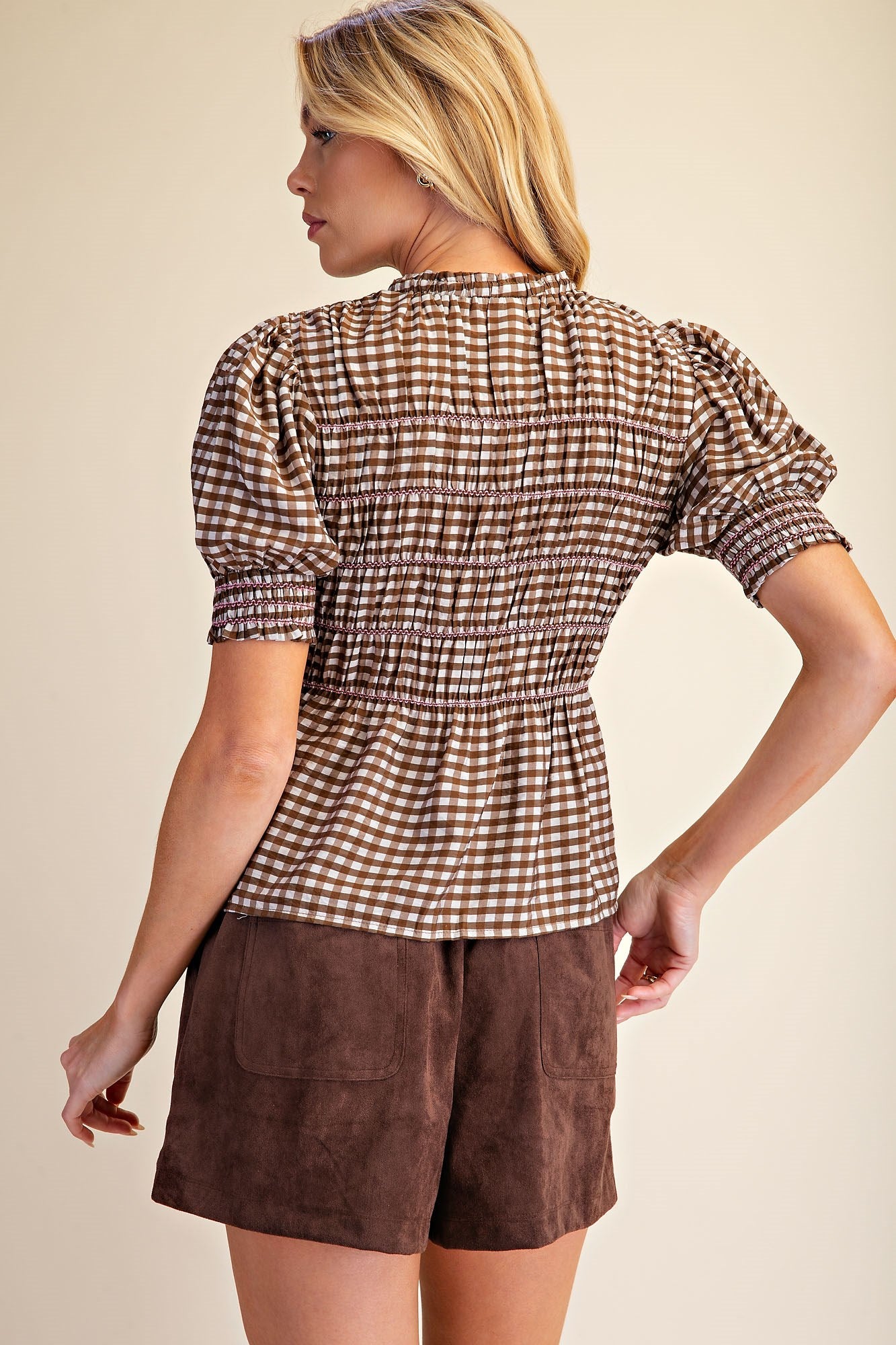 T9306 Plaid Smocked Puff Sleeve Top