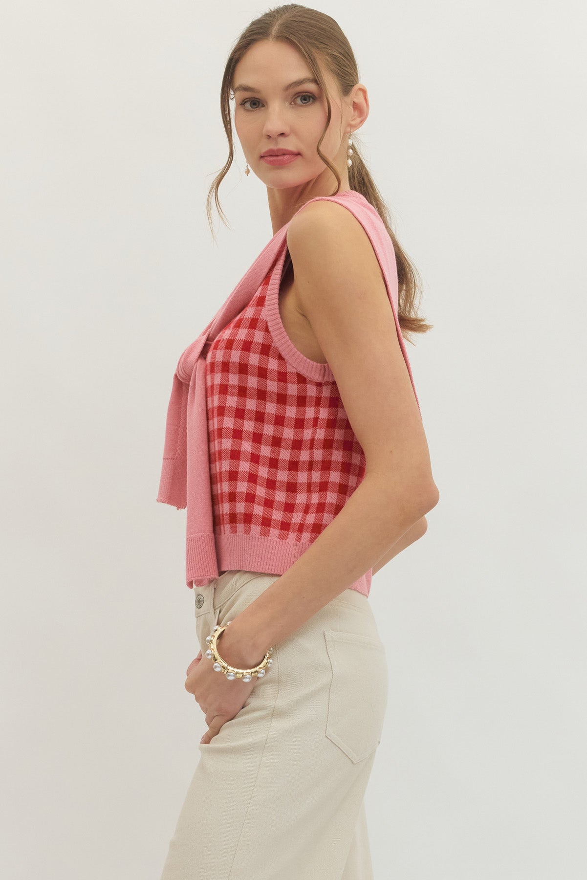 T30745 Sleeveless Check Top with Scarf Detail