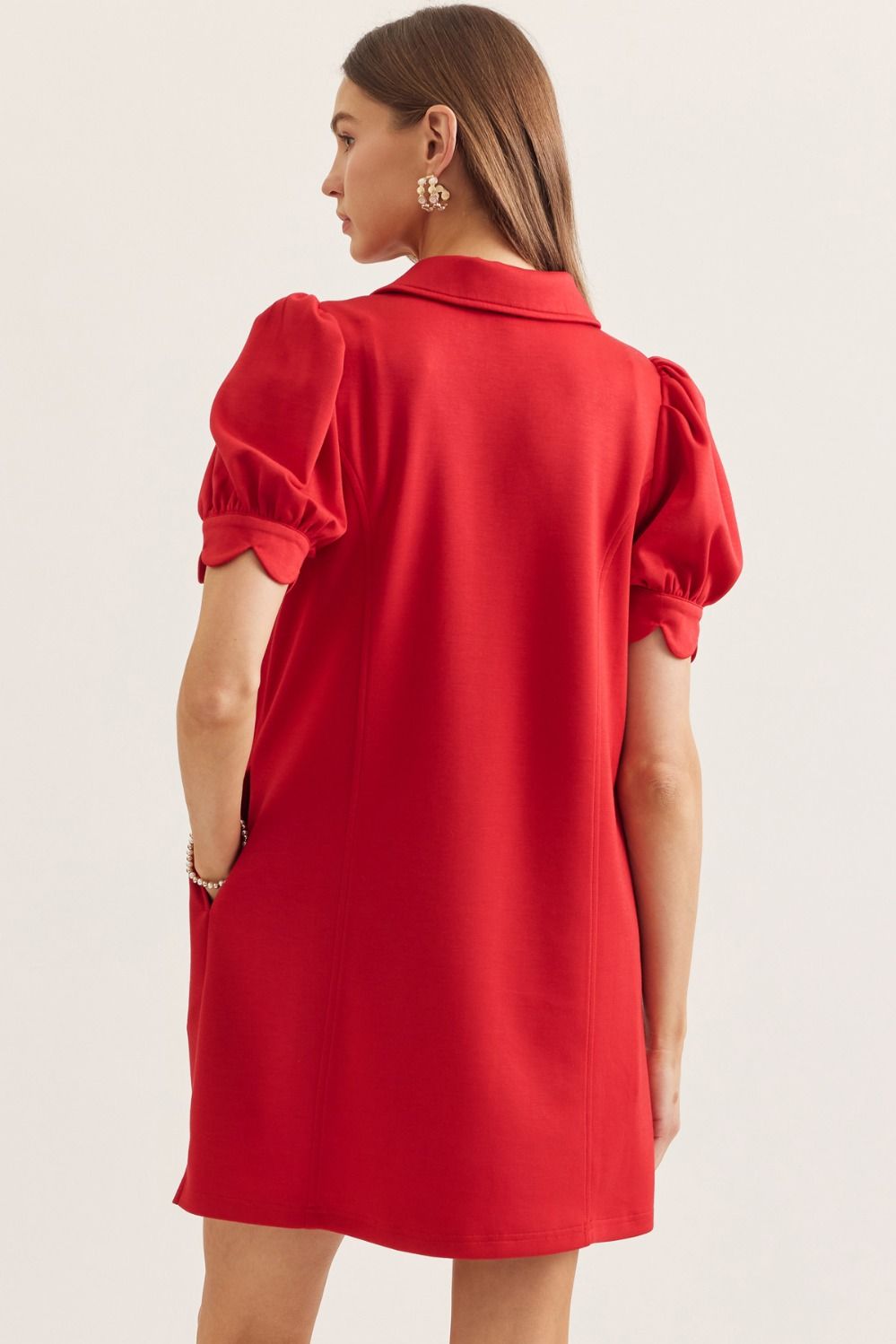 D30134 Solid Mini Dress with Scallop Details