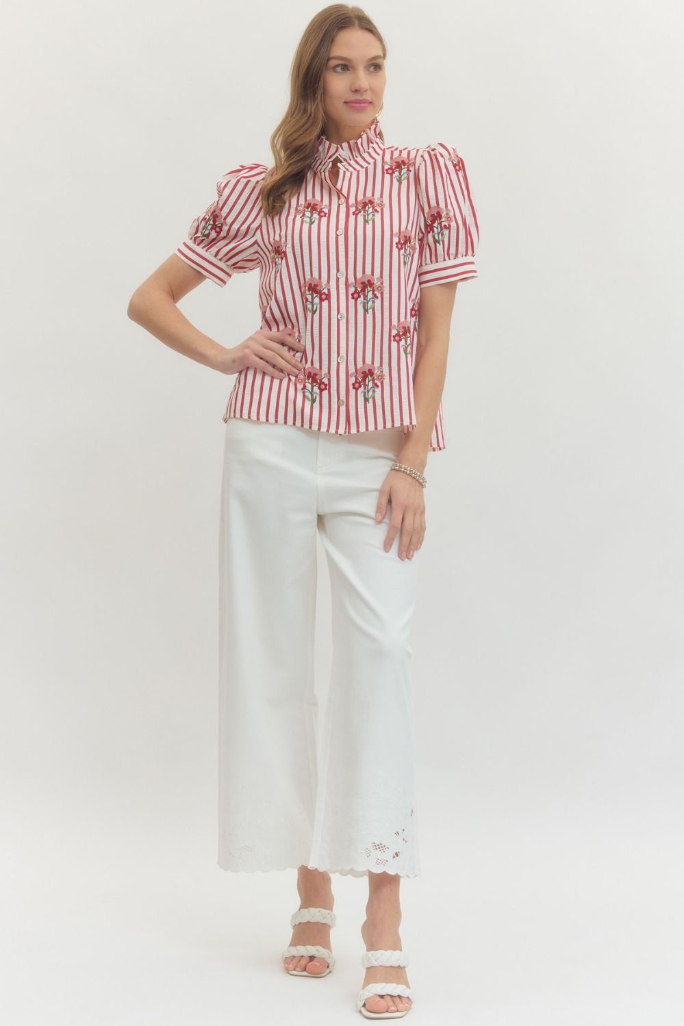 T29683 Striped Floral Embroidered Top