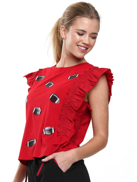 T240218 Ruffle Sleeve Sequin Football Top