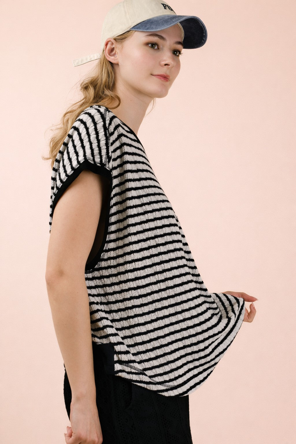 NT12605 Open Back Striped Textured Top