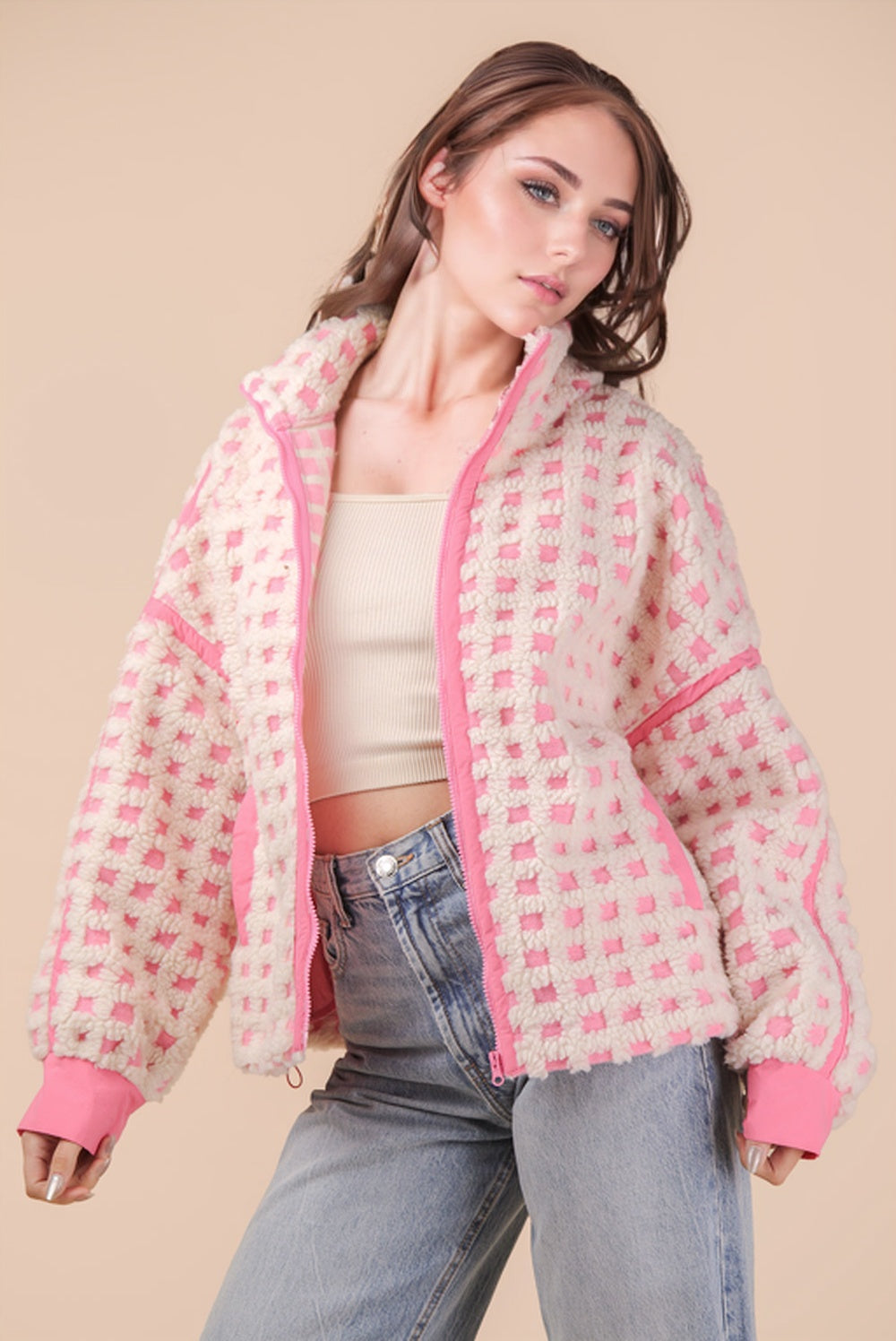 NJ90436 Checker Fleece Jacket