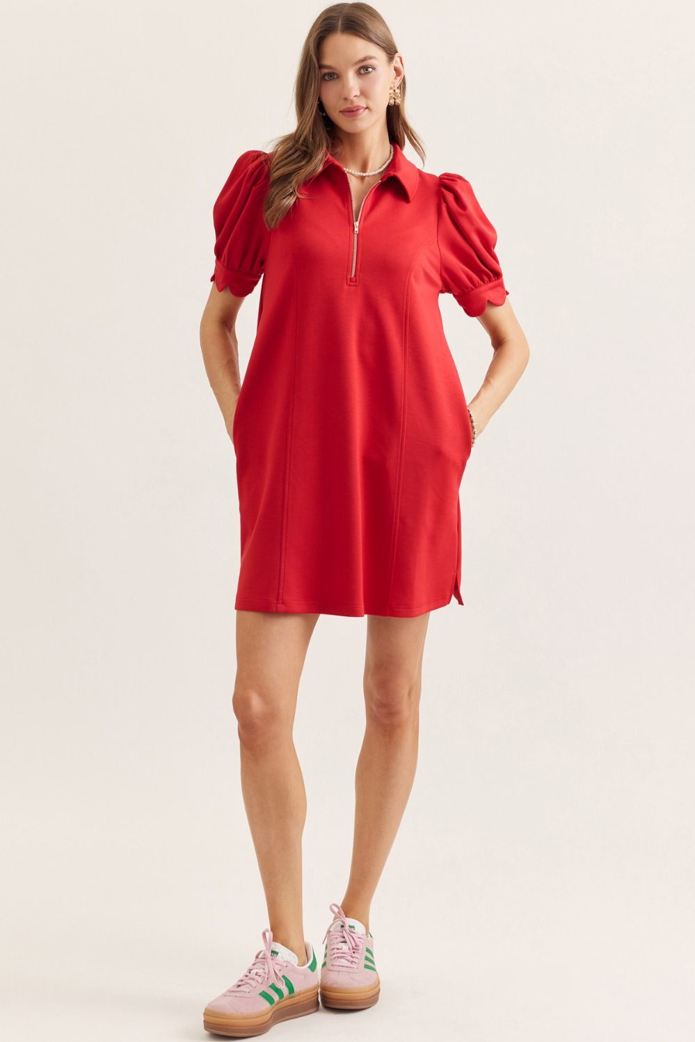 D30134 Solid Mini Dress with Scallop Details