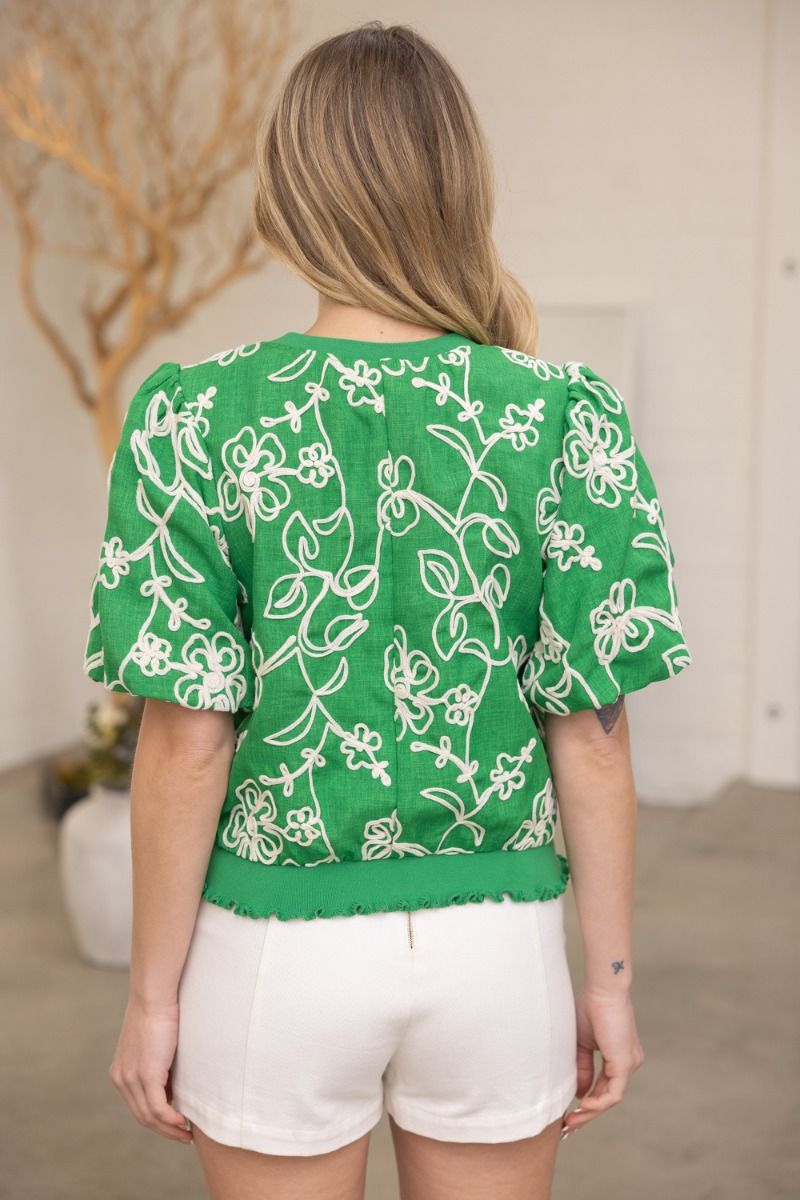 35867 Floral Embroidered Short Bubble Sleeve Top
