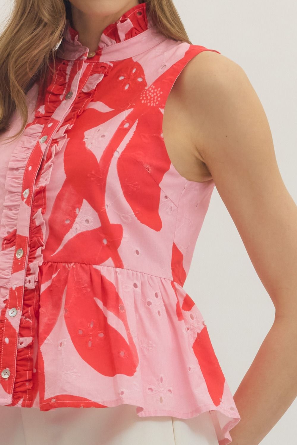 T30890 Botanical Print Sleeveless Peplum Top