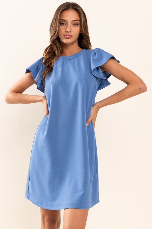 DY51143SA Ruffle Sleeve Solid Mini Dress