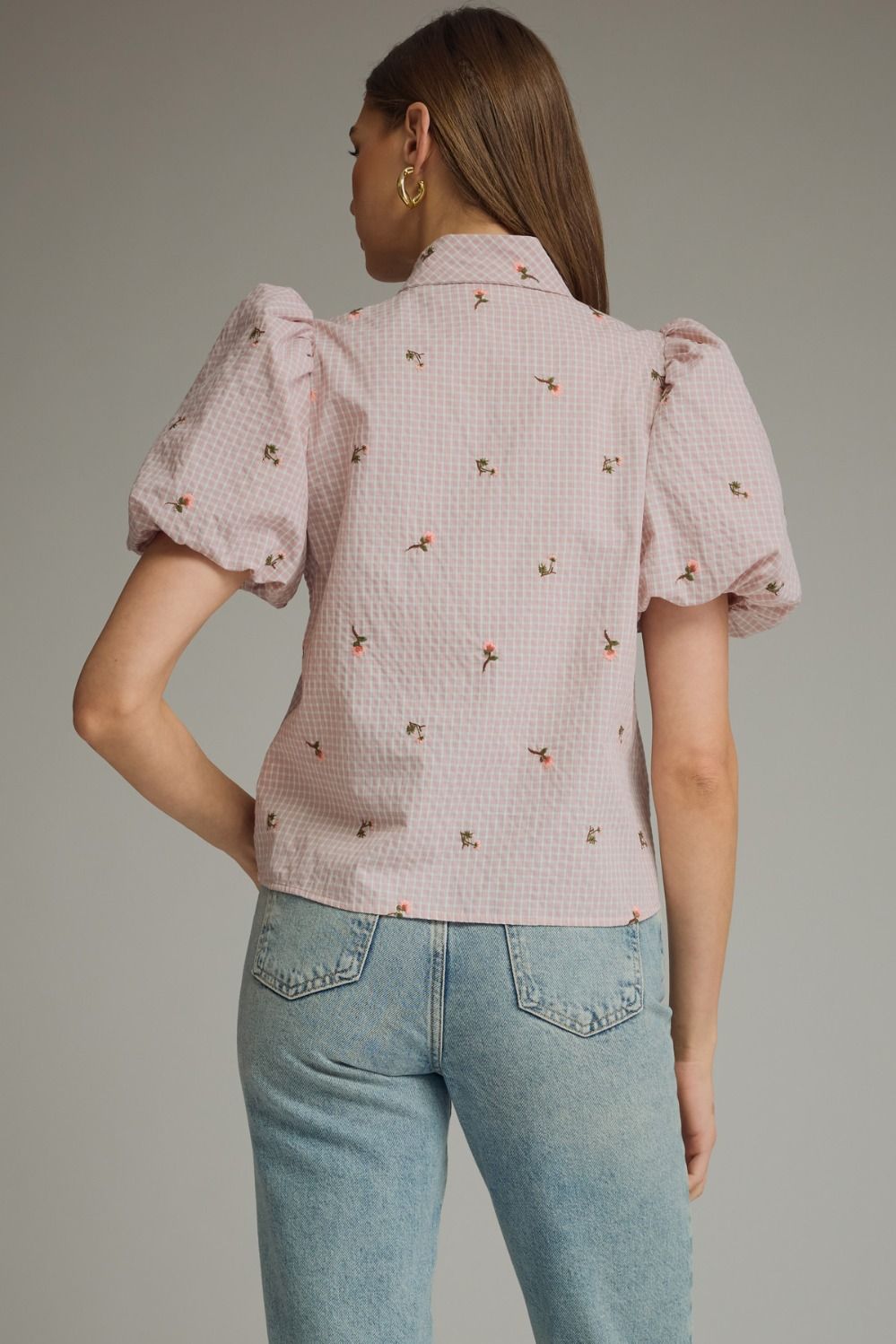T32554 Checkered Floral Embroidered Top