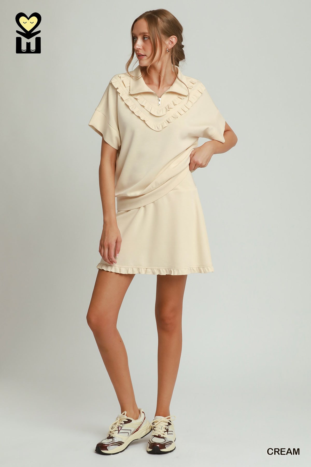 H1085-T Ruffle Quarter Zip Top