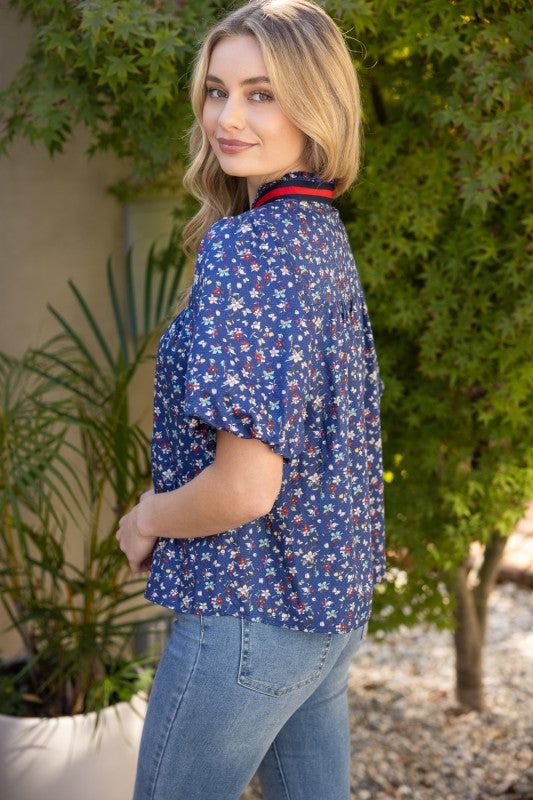 36257 Multicolor Striped Trim Detailed Floral Top