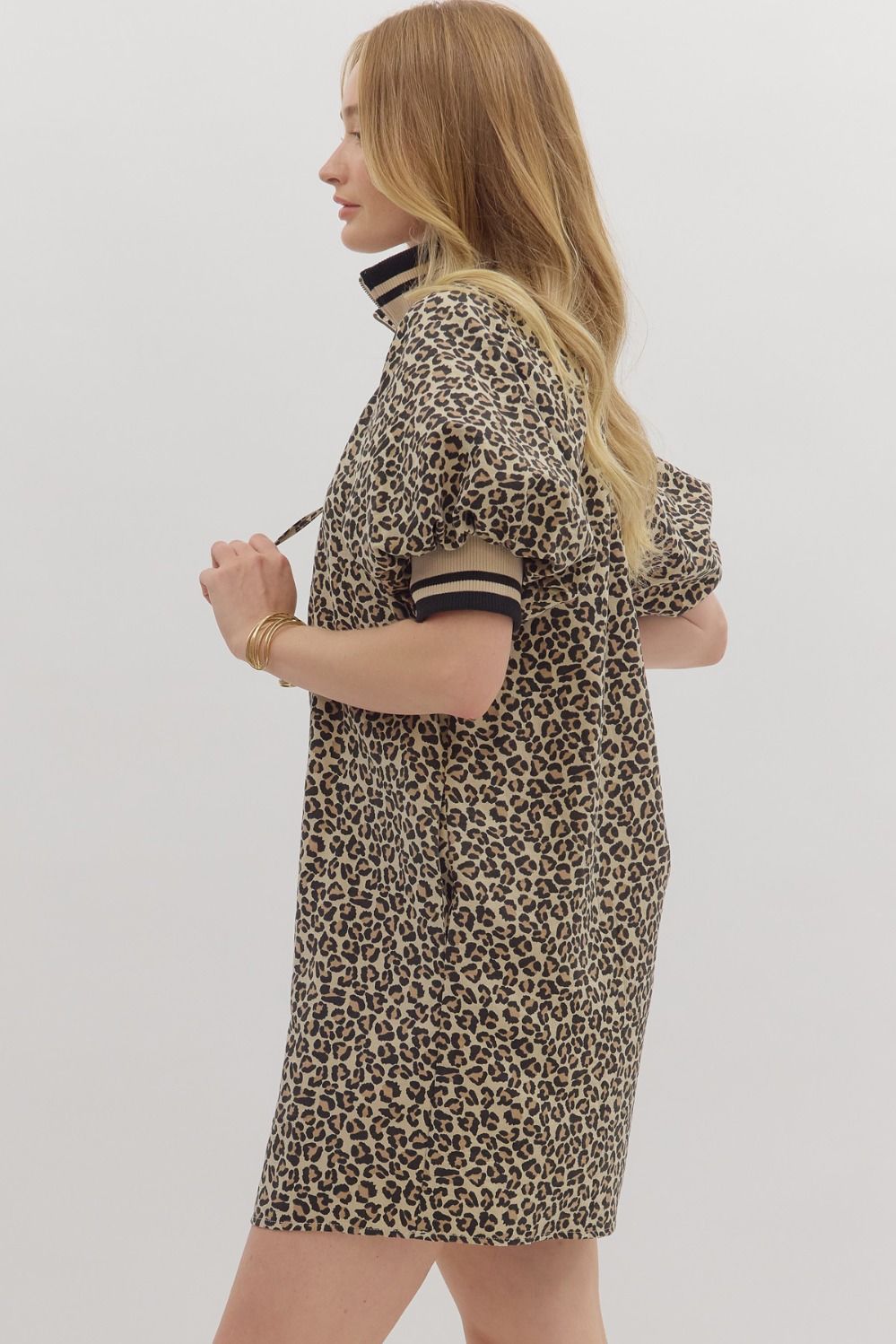 D28113 Leopard Print Puff Sleeve Mini Dress
