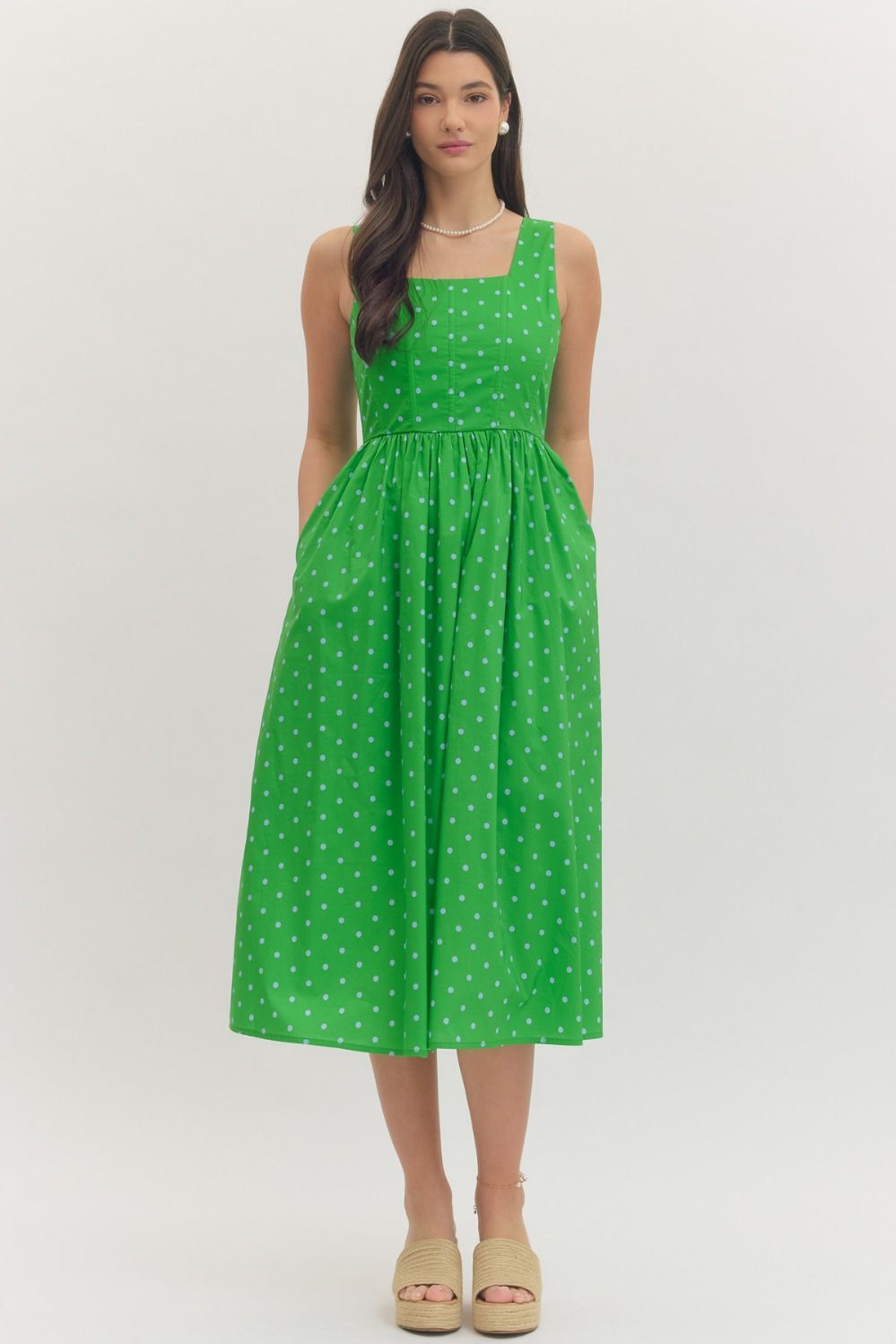 D30561 Sleeveless Polka Dot Midi Dress