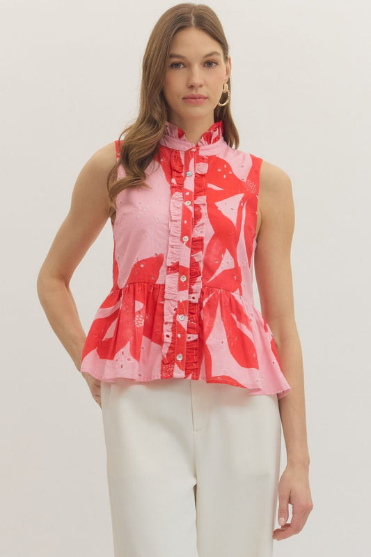 T30890 Botanical Print Sleeveless Peplum Top