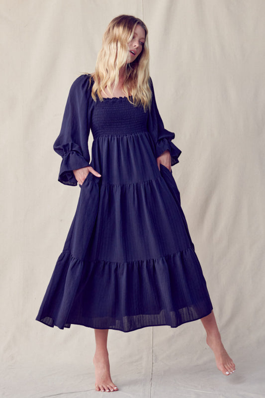 MDR9586 Smocked Tiered Midi Dress