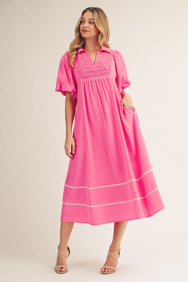 G15631 Front Smocking Detail Midi Dress