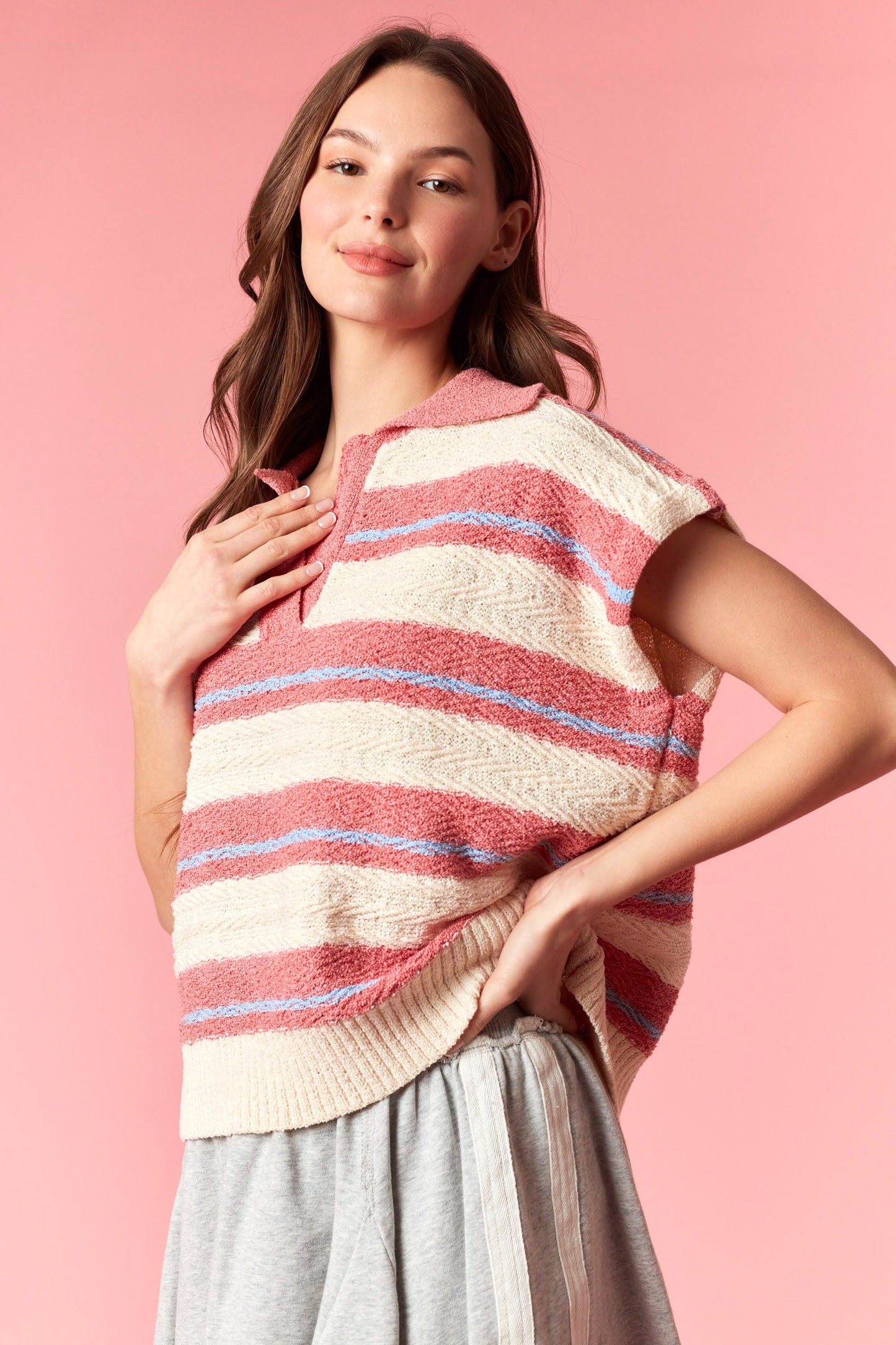 IKT200973-02 Multi Stripe Jacquard Collar Sweater Top