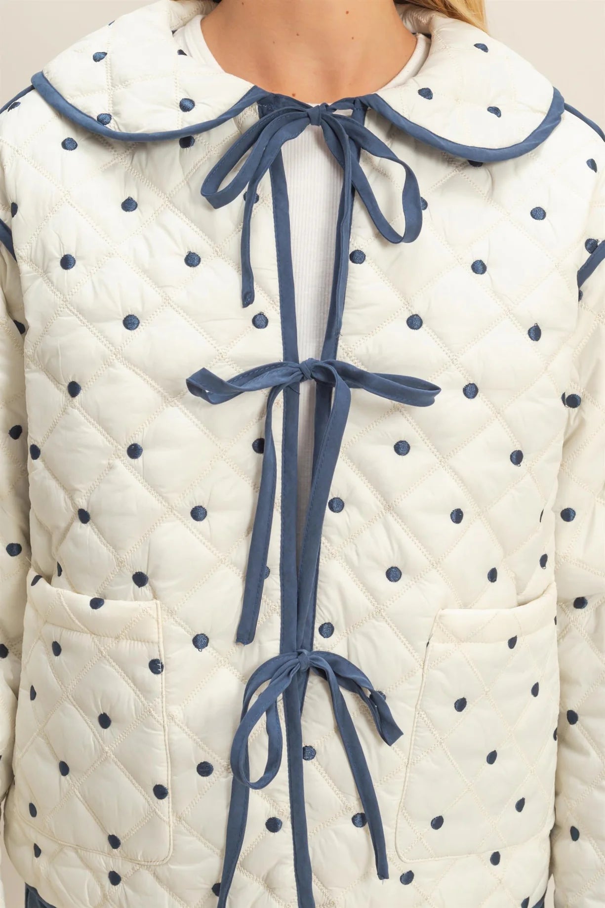 HF26A086 Polkadot Quilted Front Tie Jacket