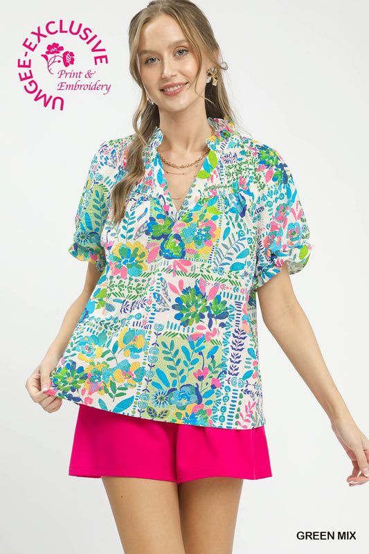 WC6336 Curvy Botanical Print Top