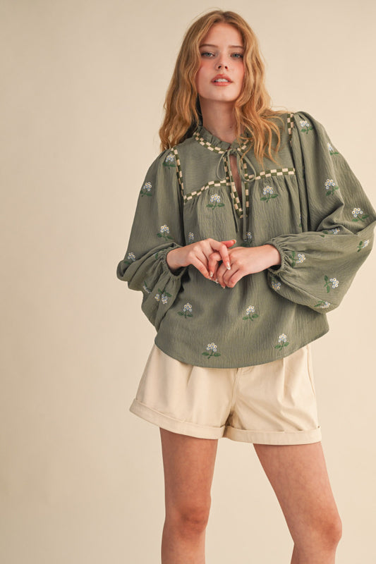 MTP4165 Floral Embroidered Babydoll Top