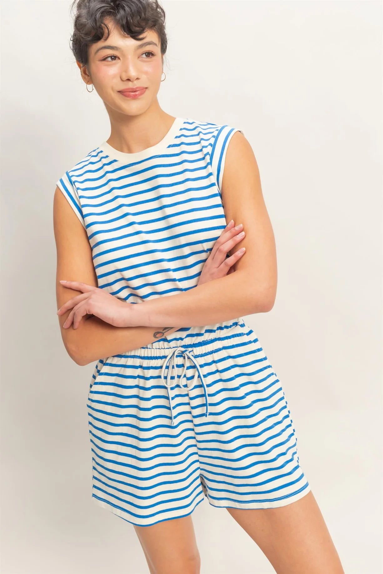 DZ26A314 Striped Sleeveless Drawstring Romper
