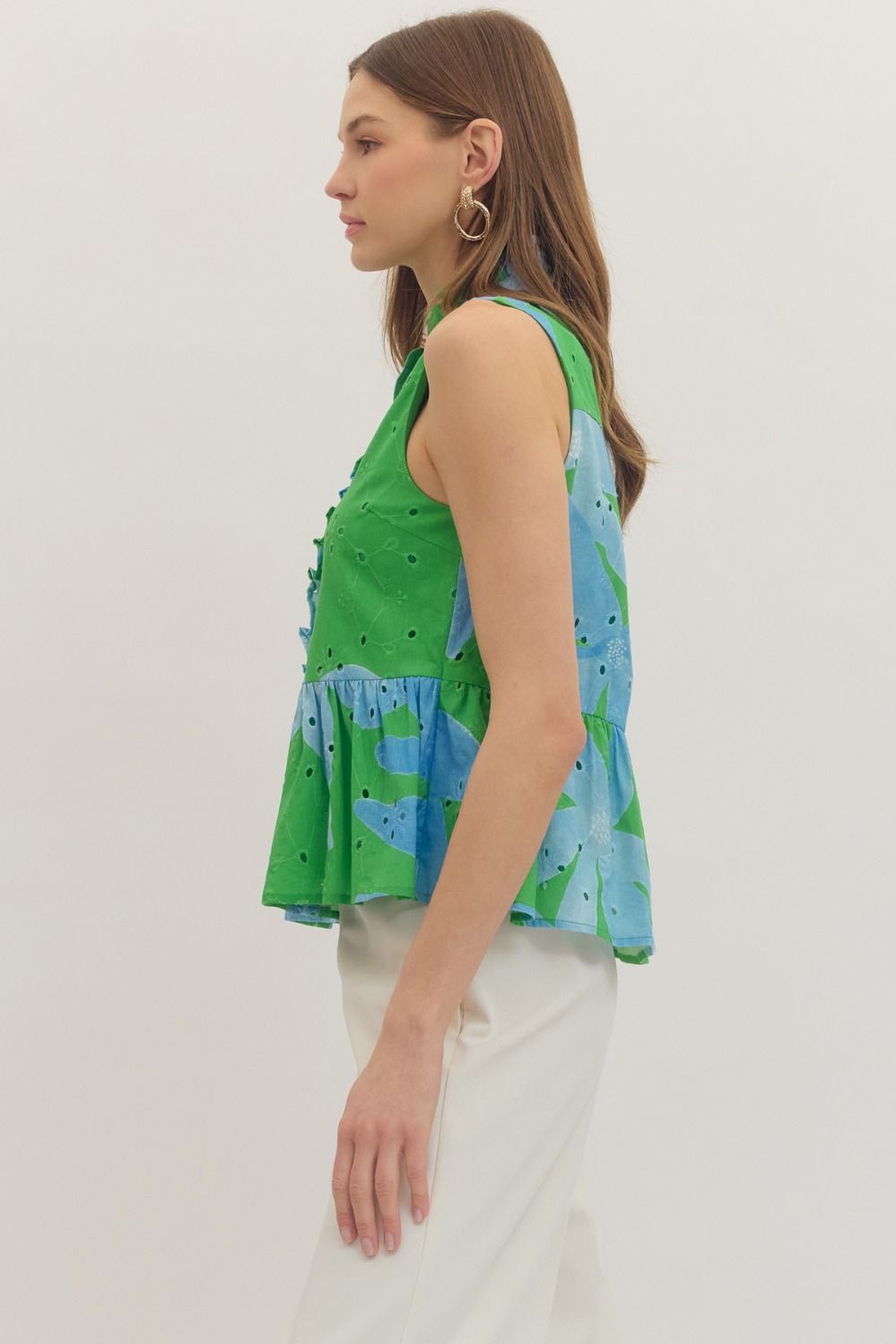 T30890 Botanical Print Sleeveless Peplum Top