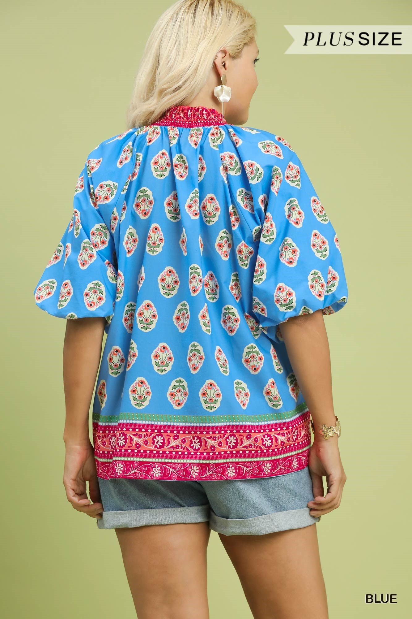 WC5922 Curvy Boho Border Print Peasant Top