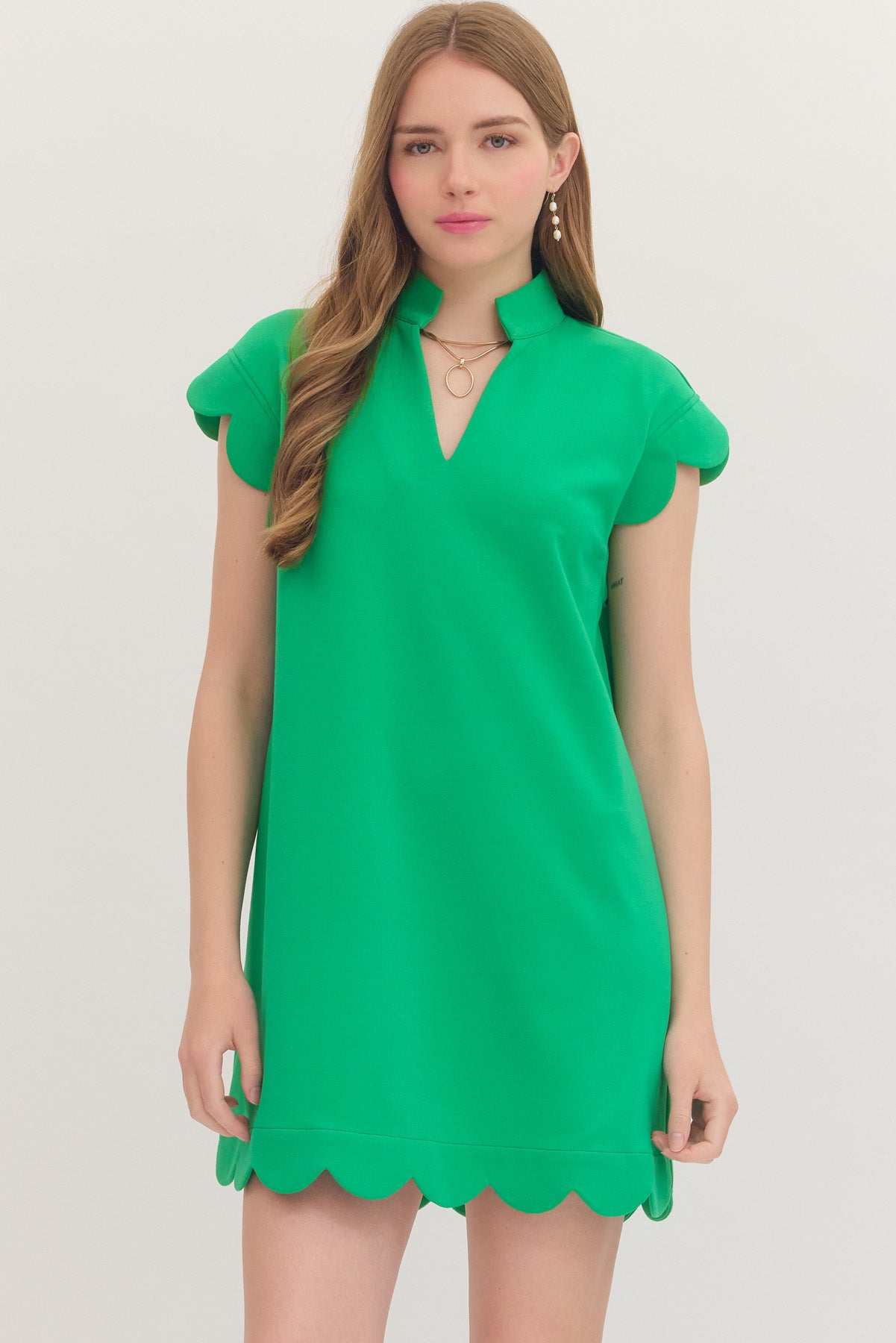 D31760 Scallop Trim Mini Dress