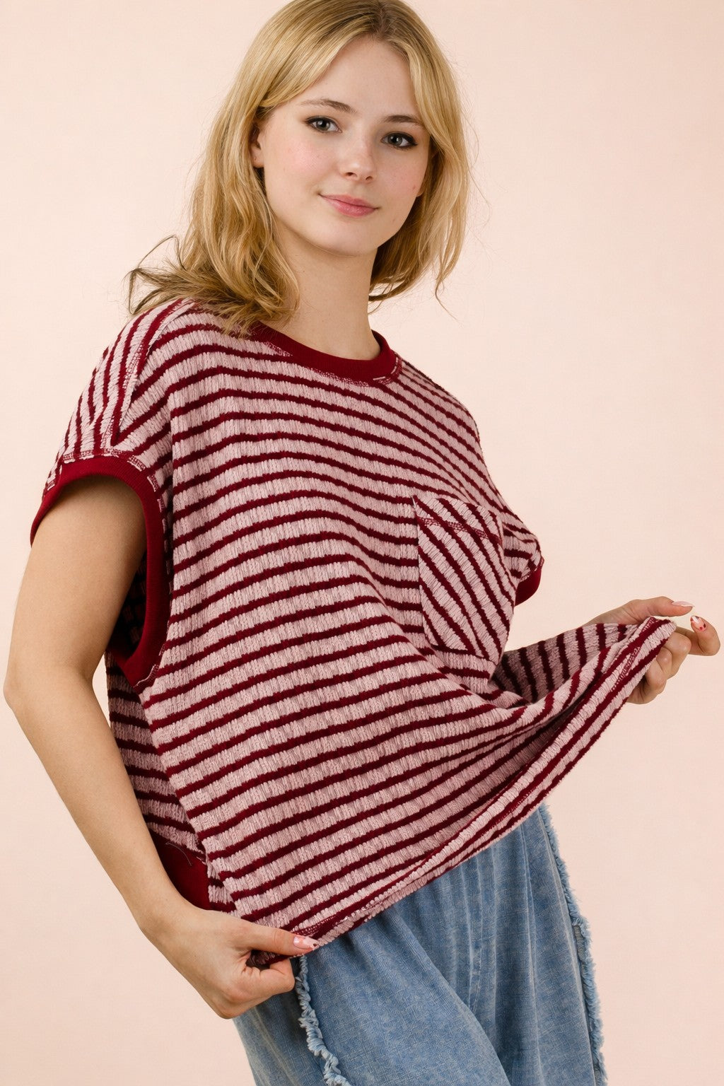 NT12605 Open Back Striped Textured Top
