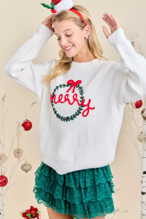 CL21050 Merry Embroidered Wreath Sweater