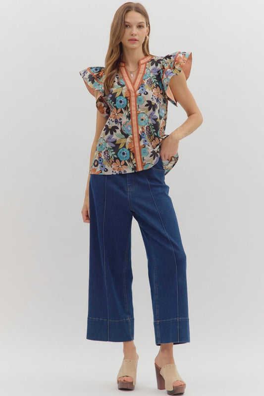 T28208 Multi Floral Print Top