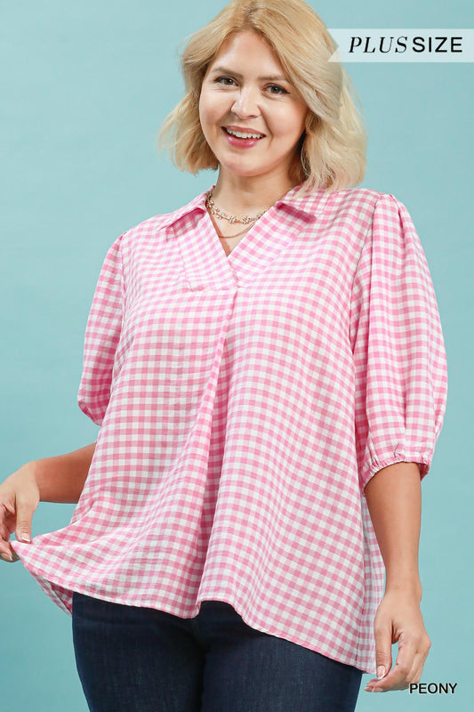 WC6390 Curvy Gingham Collared Blouse