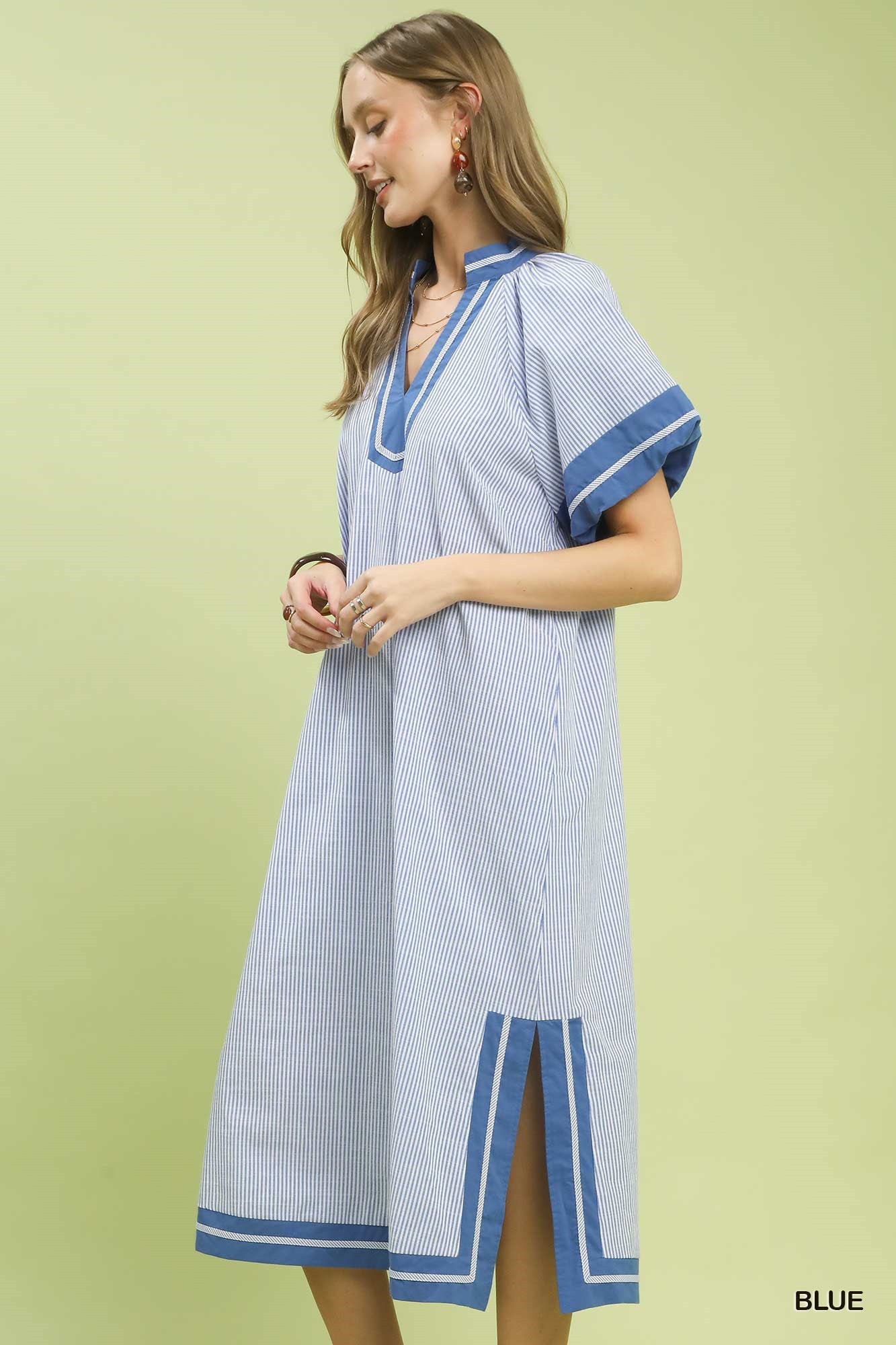 K2097 Pinstripe Contrast Trim Midi Dress
