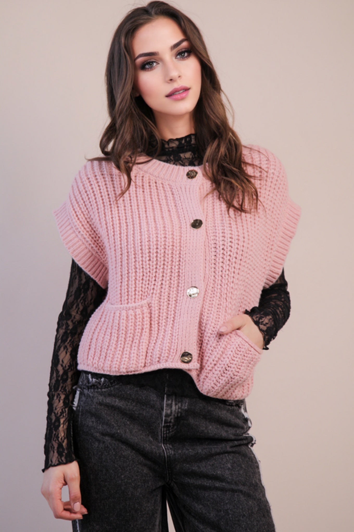 12W3382N Oversized Button Down Sweater Top