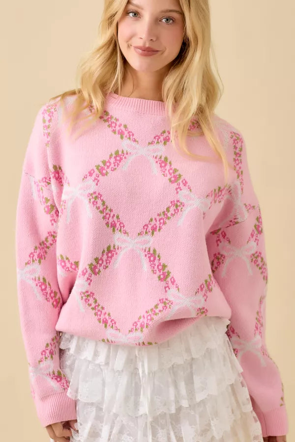 LL21003 Coquette Ribbon Floral Sweater