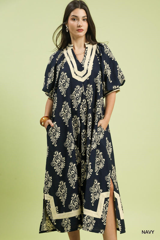 K1716 Abstract Print Midi Dress