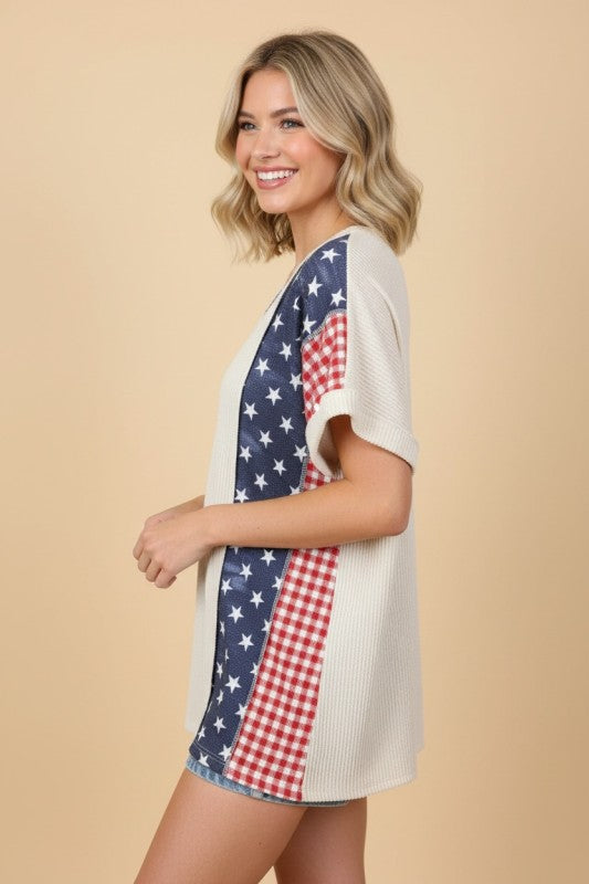 ET7907-15 Solid and Star Print Top